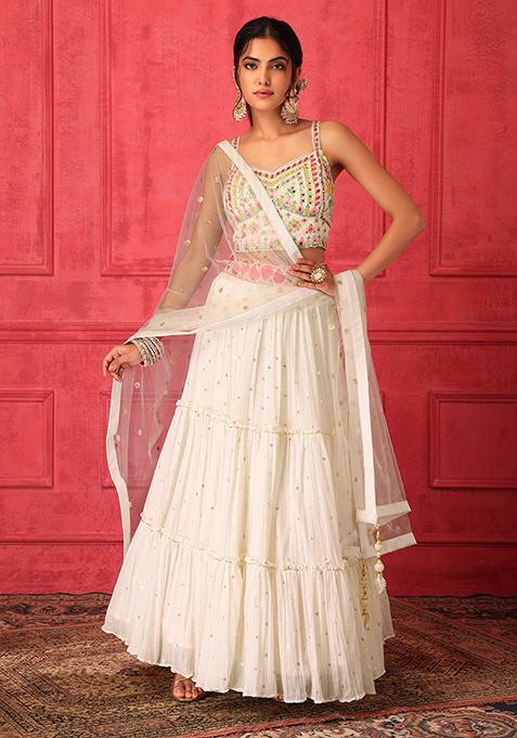 White Tiered Lehenga Set With Embroidered Blouse And Dupatta 