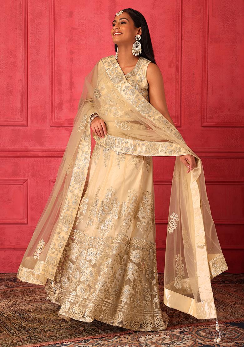 Golden Hand Embroidered Bridal Lehenga With Dark Red Bandhani Dupatta -  Annu's Creation