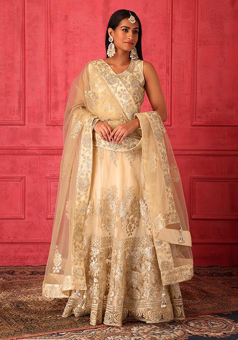 Beige Embroidered Lehenga Set With Blouse And Dupatta 