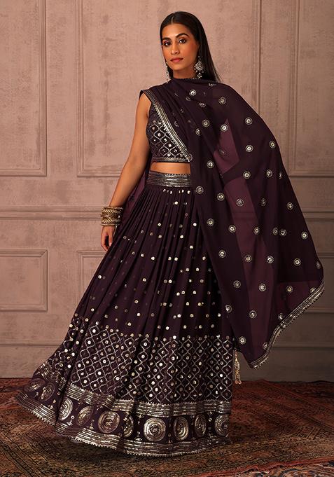 Wine Sequin Embroidered Lehenga Set With Blouse And Dupatta