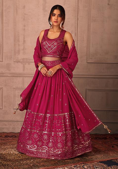 Berry Pink Sequin Embroidered Lehenga Set With Blouse And Dupatta 