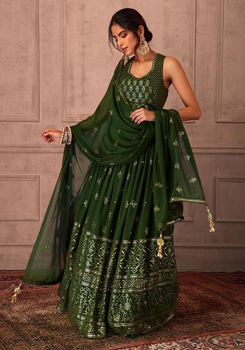 Olive Sequin Embroidered Lehenga Set With Blouse And Dupatta 