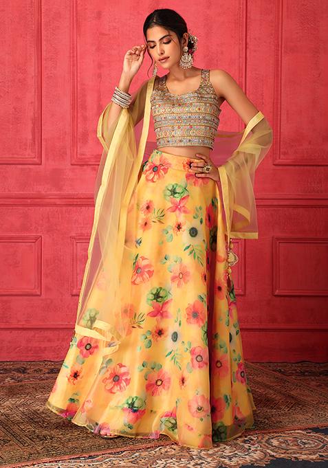 Yellow Floral Print Lehenga Set With Embroidered Strappy Blouse And Dupatta 