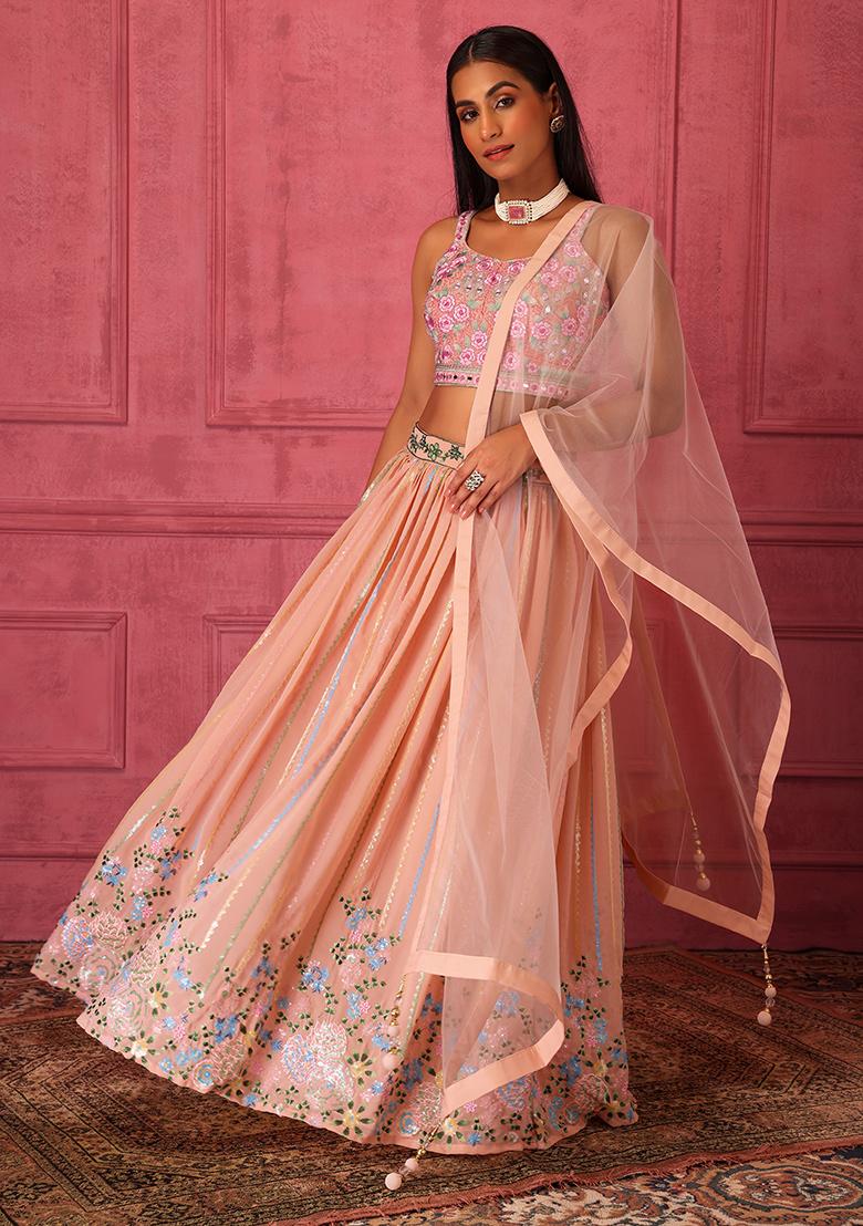 The Bride Donned A Peach-Coloured Lehenga With Floral Motifs, Styled It  With Double Organza Dupatta