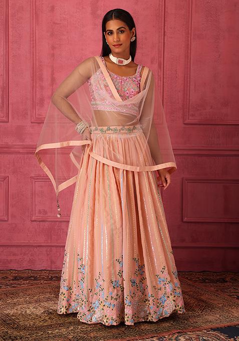Peach Embroidered Lehenga Set With Blouse And Dupatta 