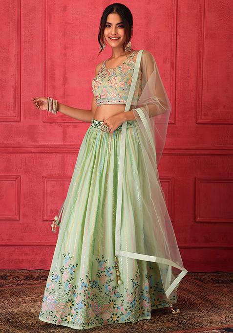 Pista Green Embroidered Lehenga Set With Blouse And Dupatta 