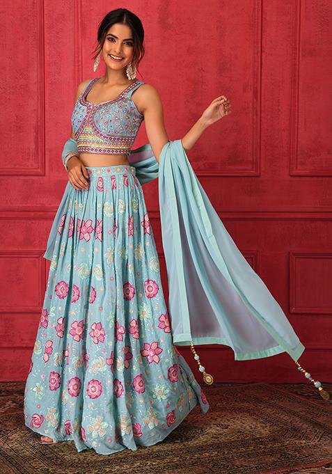 Light Blue Embroidered Lehenga Set With Blouse And Dupatta 