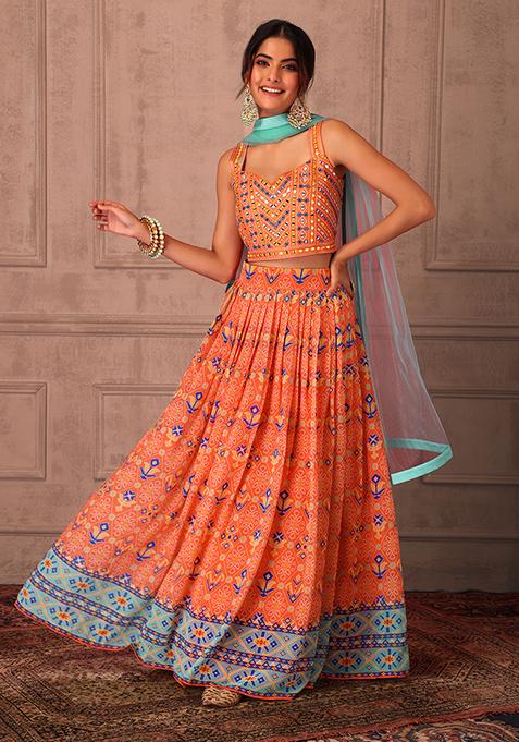 Orange Floral Print Lehenga Set With Embroidered Blouse And Dupatta 