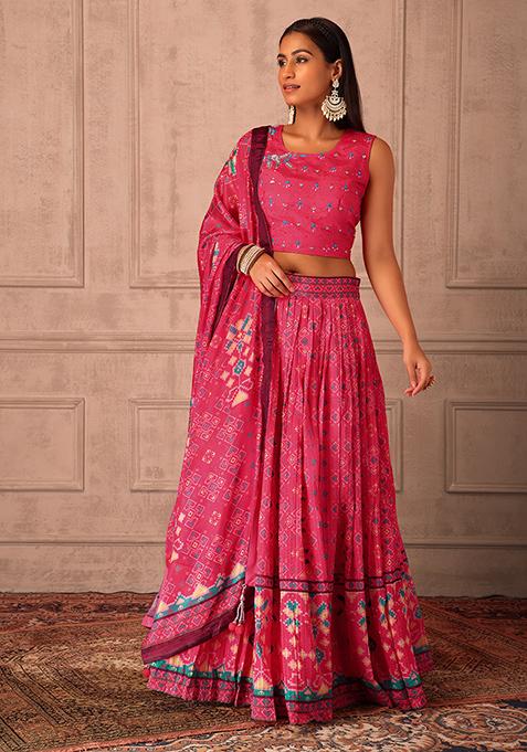 Pink Floral Print Lehenga Set With Embroidered Blouse And Dupatta 