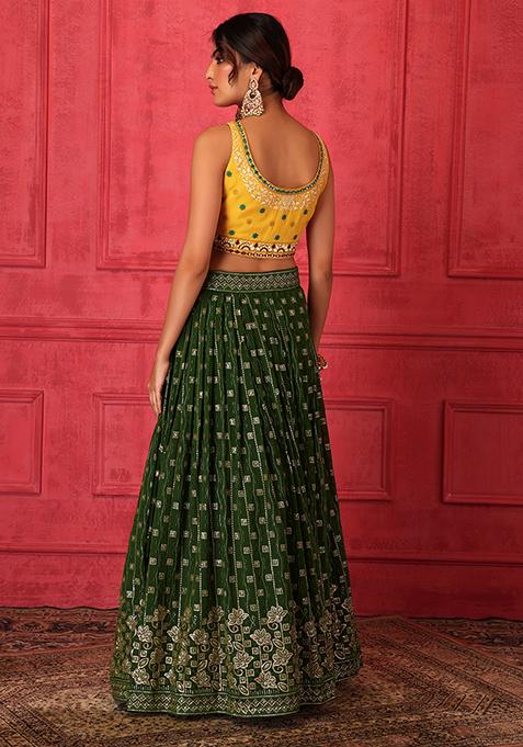 Buy Women Olive Green Floral Print Lehenga Set With Contrast Blouse And Dupatta Lehenga Indya 1004