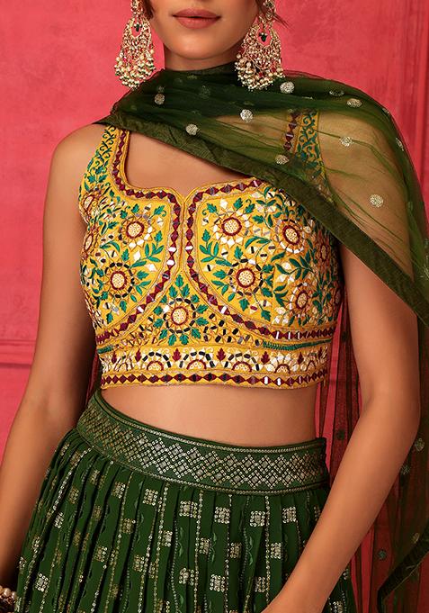 Buy Women Olive Green Floral Print Lehenga Set With Contrast Blouse And Dupatta Clothing 6508