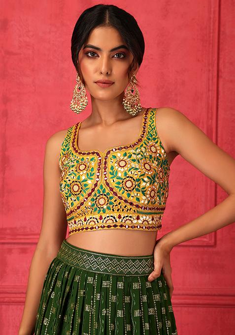 Buy Women Olive Green Floral Print Lehenga Set With Contrast Blouse And Dupatta Clothing 0096