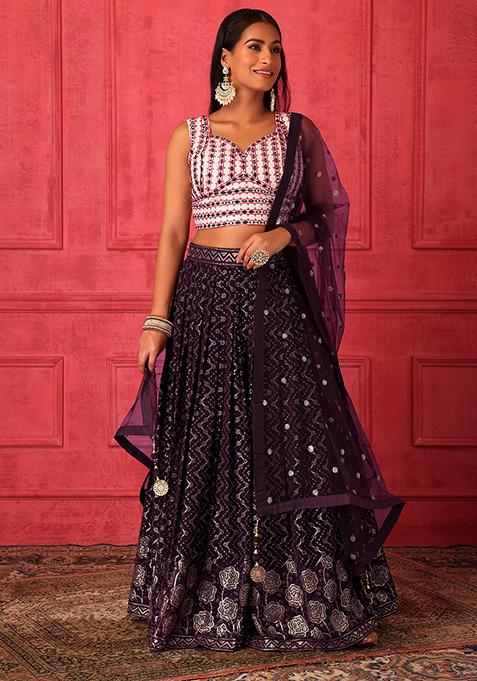 Wine Embroidered Lehenga Set With Contrast Blouse And Dupatta 