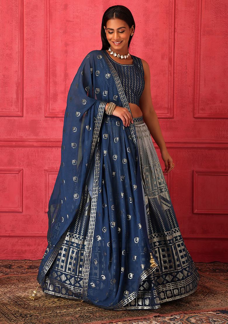 Stunning Navy Blue Velvet Embroidered Lehenga Choli Online | Bagtesh Fashion
