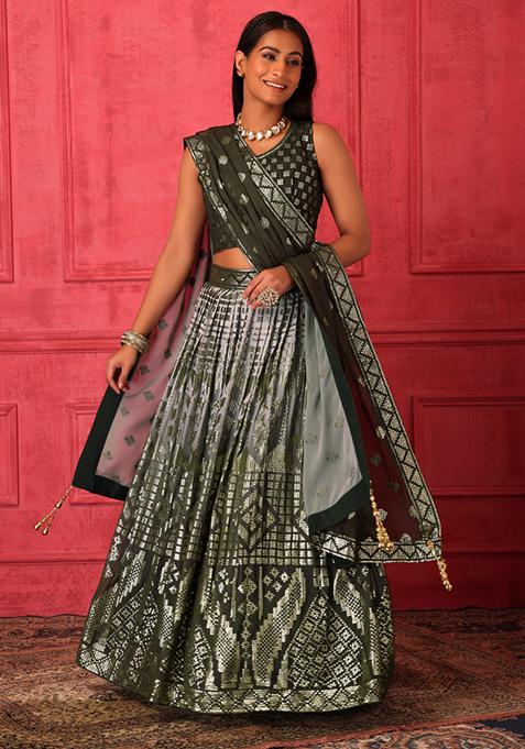 Olive Embroidered Lehenga Set With Blouse And Dupatta 