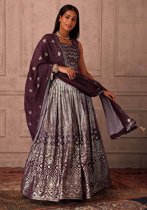 Wine Embroidered Lehenga Set With Blouse And Dupatta