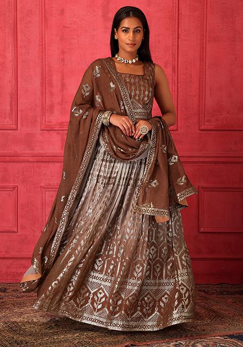 Rust Embroidered Lehenga Set With Blouse And Dupatta