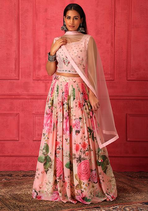 Pink Floral Print Lehenga Set With Embroidered Blouse And Dupatta    