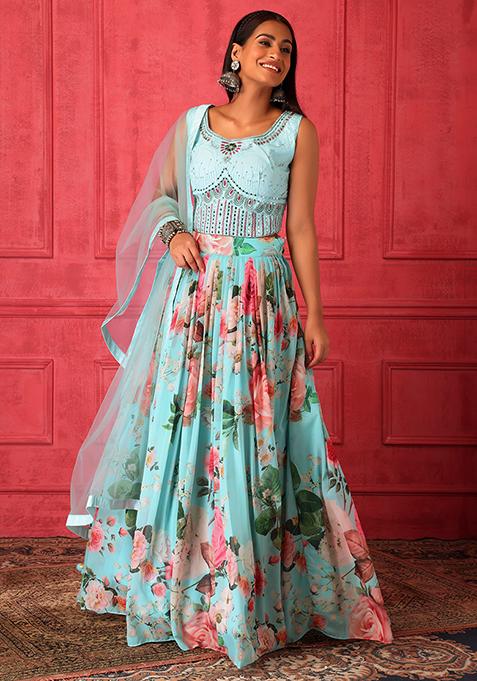 Blue Floral Print Lehenga Set With Embroidered Blouse And Dupatta