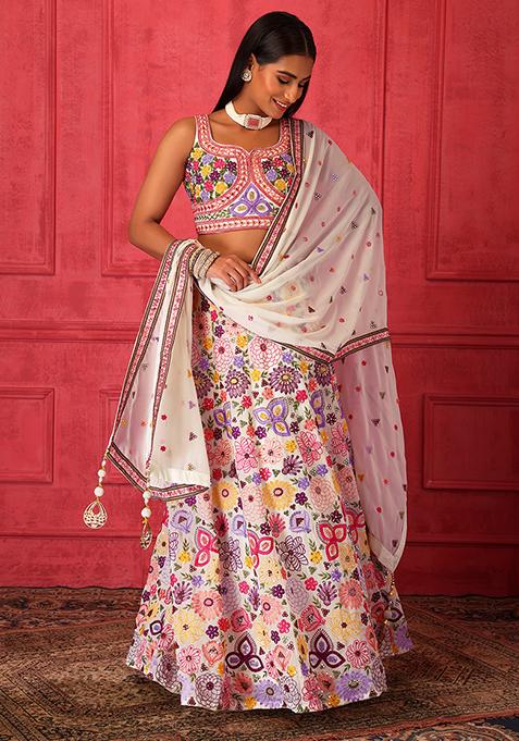 Ivory Embroidered Lehenga Set With Blouse And Dupatta