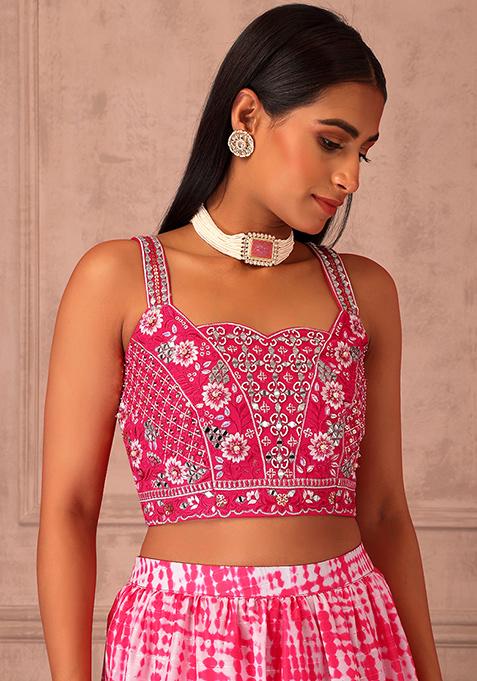 3 pc SET - Pink Organza Satin Lehenga with Hand Embroidered Cut Dana Dupatta and Blouse Fabric