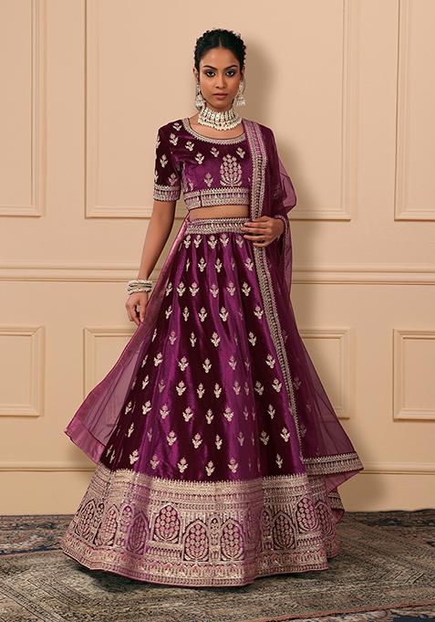 Wine Zari And Sequin Embroidered Velvet Lehenga Set With Blouse And Dupatta 