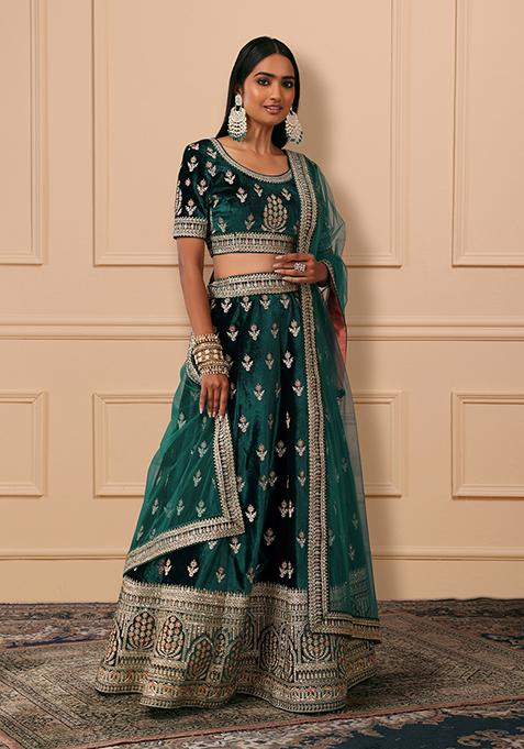 Turquoise Blue Zari And Sequin Embroidered Velvet Lehenga Set With Blouse And Dupatta 