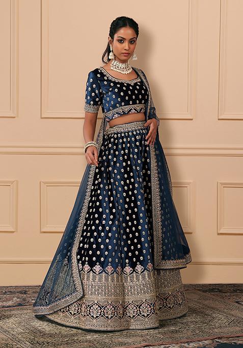 Teal Zari And Thread Embroidered Velvet Lehenga Set With Blouse And Dupatta 