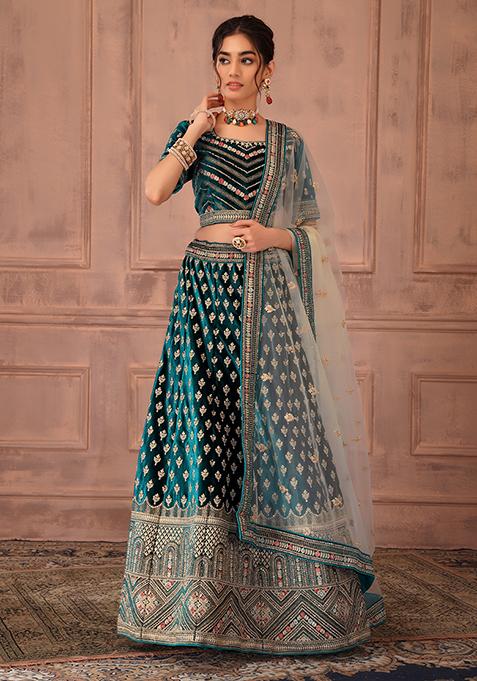 Turquoise Velvet Floral Embroidered Lehenga Set With Blouse And Dupatta