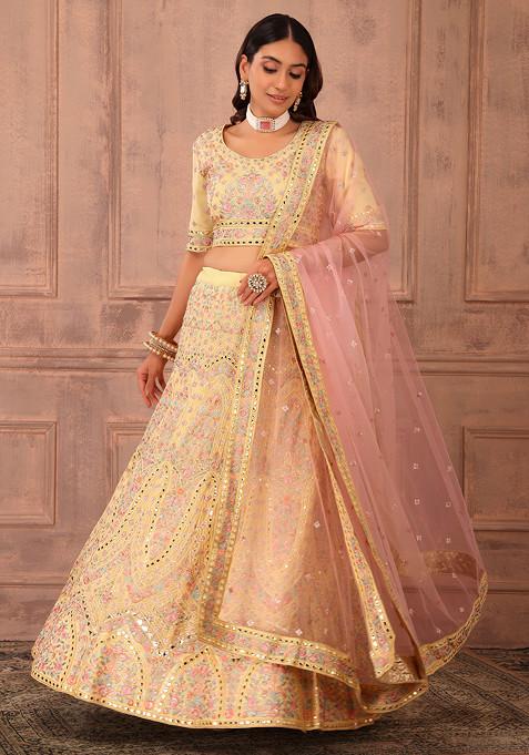 Light Yellow Thread Embroidered Lehenga Set With Blouse And Contrast Dupatta 