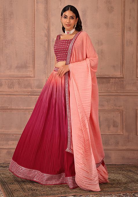 Pink Mirror Embroidered Lehenga Set With Blouse And Dupatta
