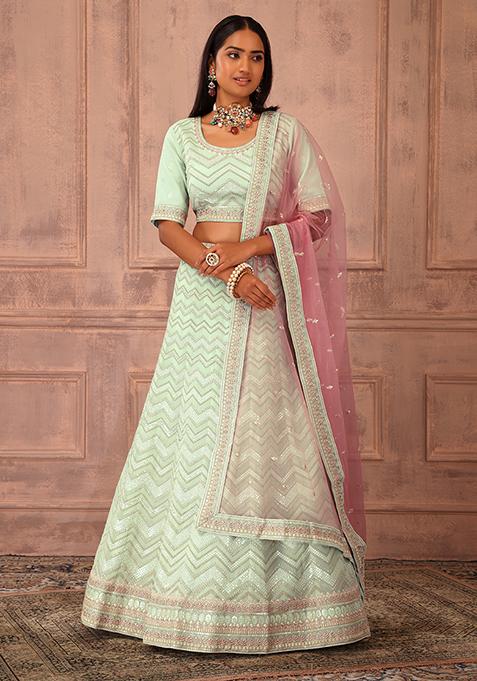 Pastel Green Sequin Embroidered Lehenga Set With Blouse And Contrast Dupatta