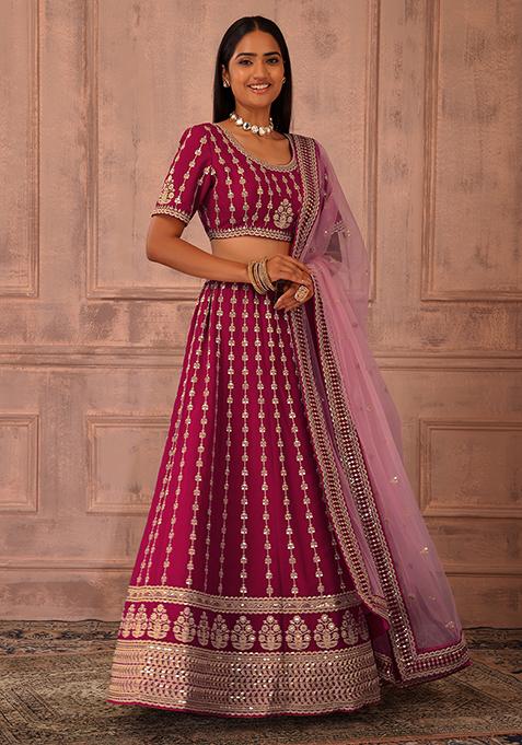 Pink Sequin Embroidered Lehenga Set With Blouse And Contrast Dupatta