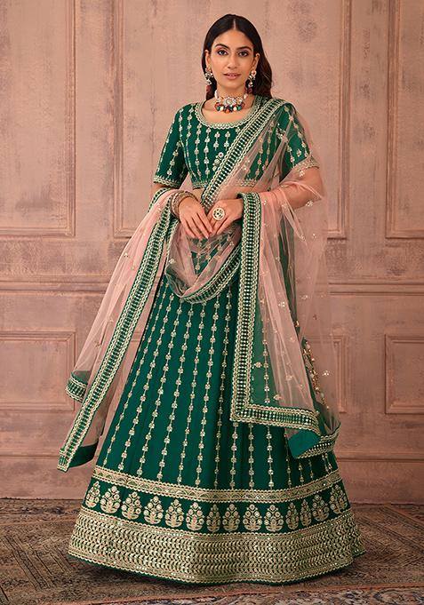 Emerald Green Sequin Embroidered Lehenga Set With Blouse And Contrast Dupatta