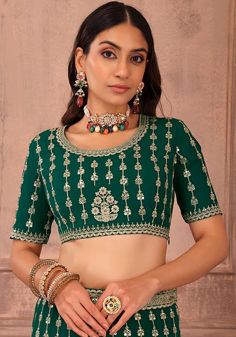 Buy Women Emerald Green Sequin Embroidered Lehenga Set With Blouse And Contrast Dupatta Ready 