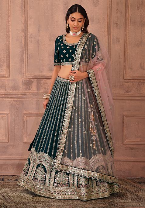 Turquoise Thread Embroidered Lehenga Set With Blouse And Contrast Dupatta