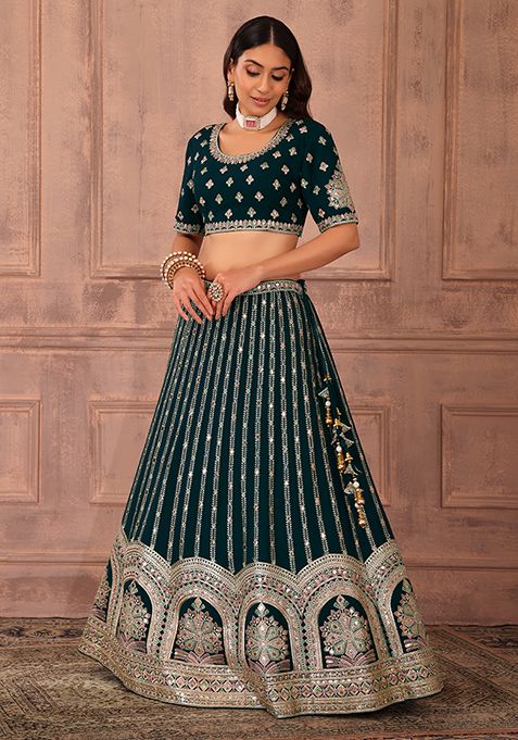 Buy Women Turquoise Thread Embroidered Lehenga Set With Blouse And ...