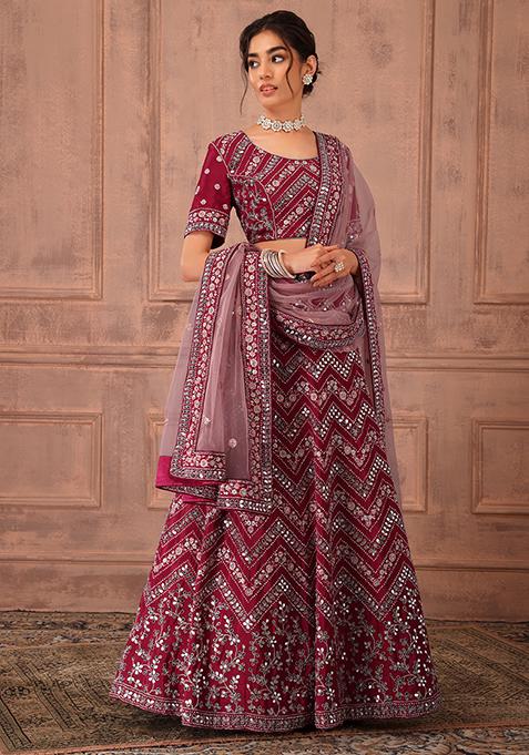 Pink Mirror Embroidered Lehenga Set With Blouse And Contrast Dupatta