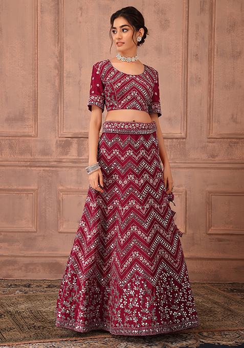 Young Floral Print Pleated Lehenga Set with Mirror Embroidered Tasseled Blouse & Ruffle Dupatta