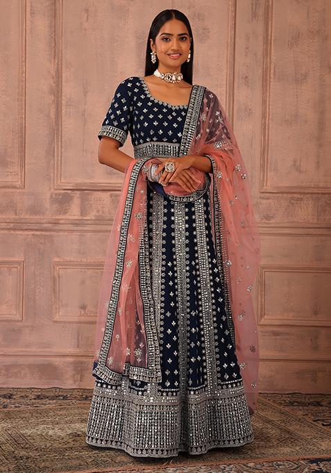 Navy Mirror Embroidered Lehenga Set With Blouse And Contrast Dupatta