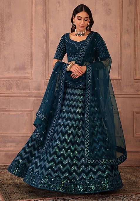 Teal Sequin Embroidered Lehenga Set With Blouse And Mesh Dupatta