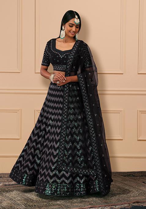 Black Sequin Chevron Embroidered Lehenga Set With Blouse And Dupatta 
