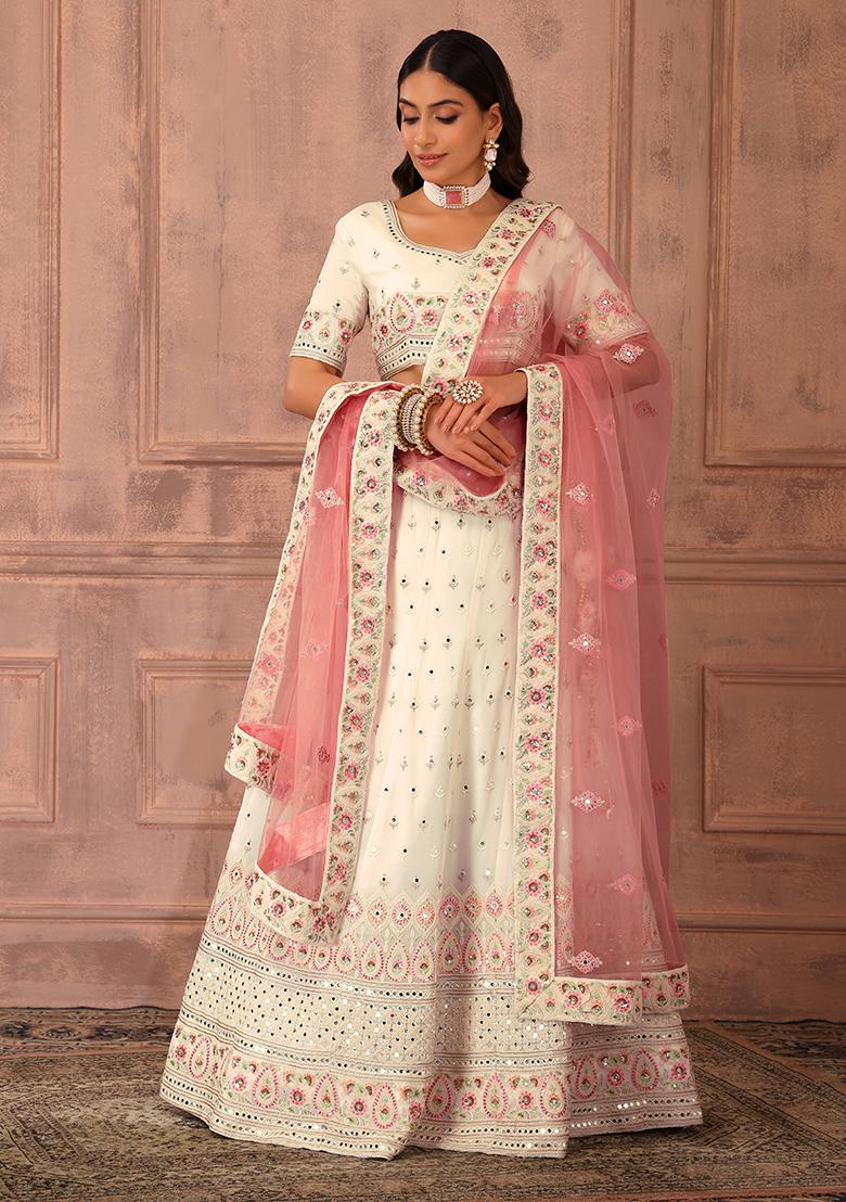 Georgette Floral Printed Pink Lehenga Choli with Sequins Embroidery and  Fancy Neck Style Dupatta | Exotic India Art
