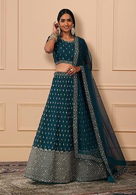 Teal Mirror And Dori Embroidered Lehenga Set With Blouse And Dupatta 