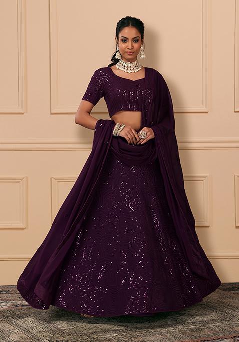 Purple Thread And Sequin Embroidered Lehenga Set With Blouse And Dupatta 