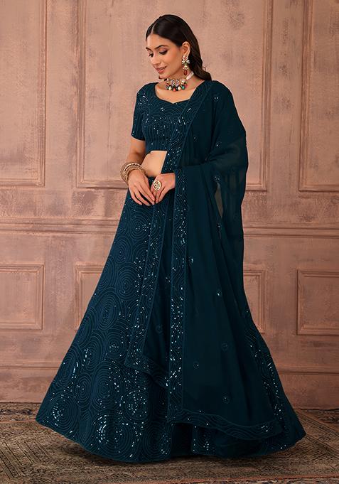 Teal Thread And Sequin Embroidered Lehenga Set With Blouse And Dupatta