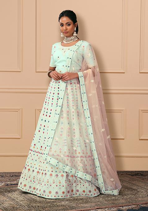 Light Green Mirror Embroidered Lehenga Set With Blouse And Contrast Dupatta