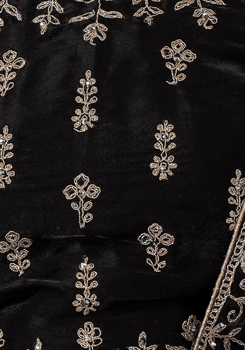 Buy Women Black Floral Embroidered Lehenga Set With Blouse And Contrast ...