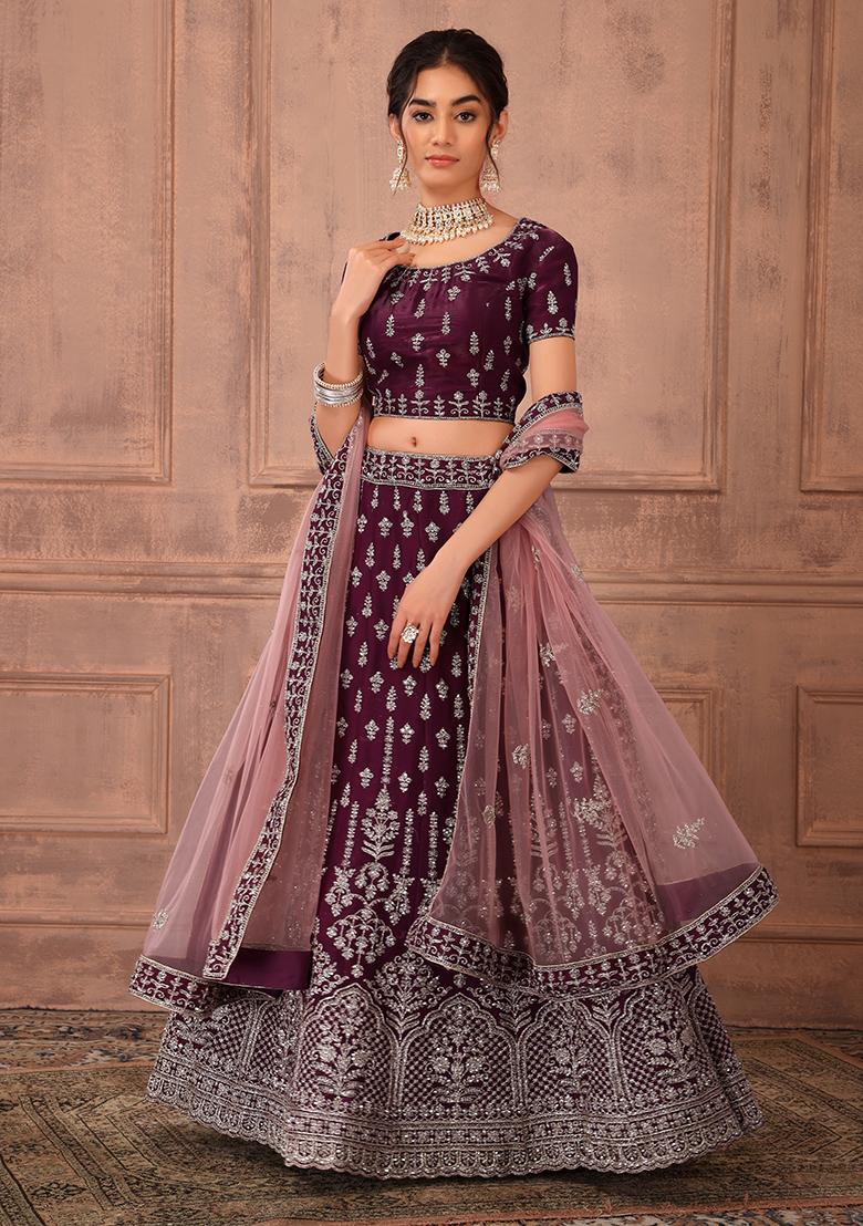 Buy Women Wine Thread Embroidered Lehenga Set With Blouse And Contrast  Dupatta - Wedding Wonder - Indya