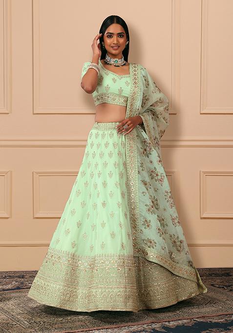 Pastel Green Zari Floral Embroidered Lehenga Set With Blouse And Printed Dupatta